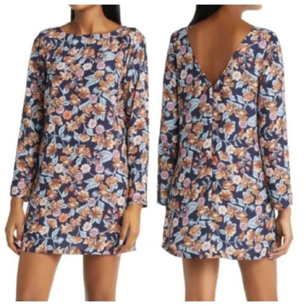 Halogen Mini Dress XXS Navy Floral Shift Silky‎ Mod Maximalist Cottage Forest